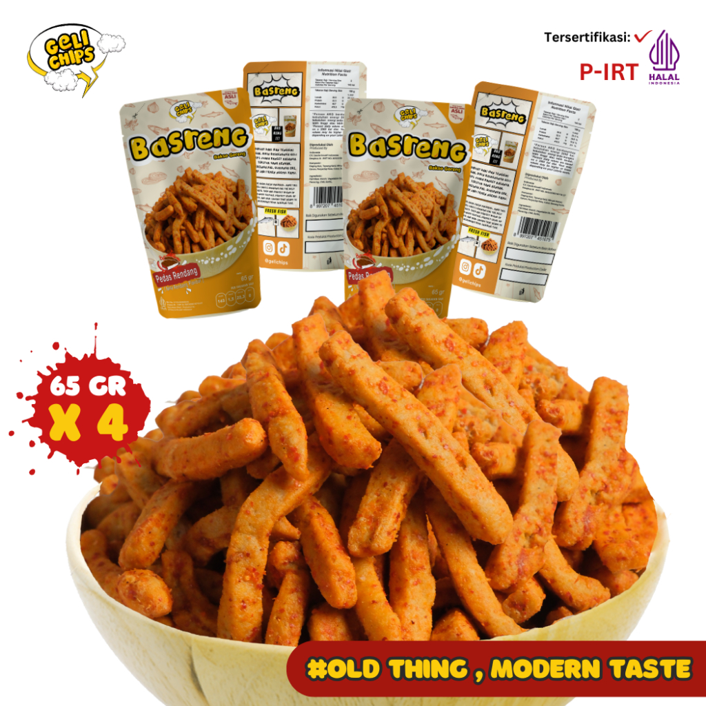 

Gelichips - 4 Pcs Basreng Rendang Camilan Kering Gurih 65gr / Kemasan
