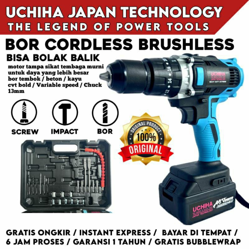 bor baterai bor cas bor cordless uchiha 48 volt 13 mm fullset koper impact drill besi beton Kayu dll