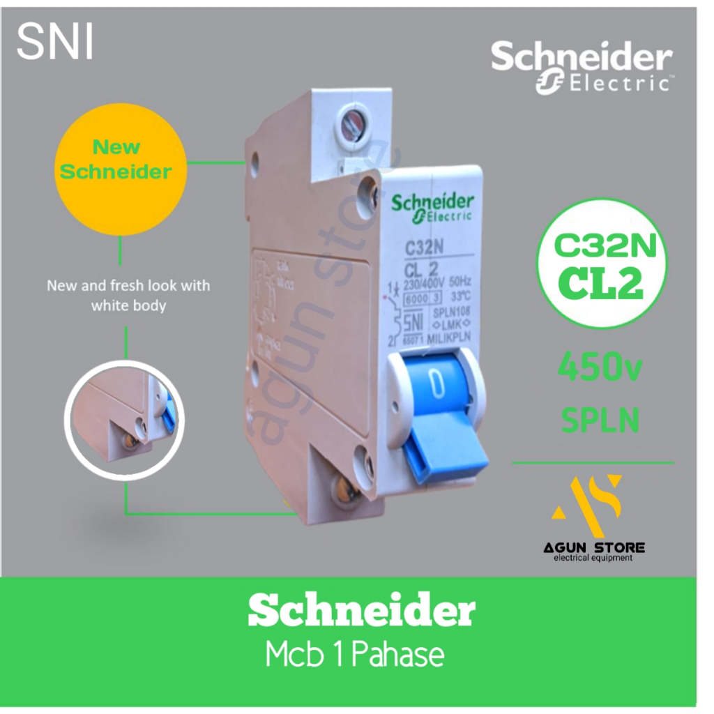 Mcb Schneider 2A 2 Ampere c32n SNI Original pln ori 230/400v 450 WATT