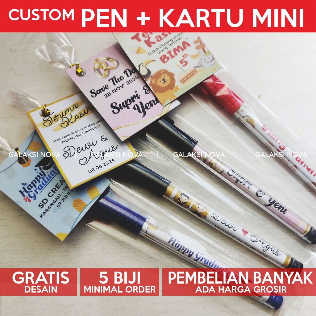 

Paket Pulpen + Kartu Ucapan Mini Promosi Souvenir Ekonomis Free Desain | Pulpen Custom Gratis Desain | Bolpoin Custom Logo Tulisan | Cetak Ballpoint Bolpoin Souvenir | Pulpen Custom Pena Lucu Pernikahan Warna Warni | Pena Gel GalaksiNova