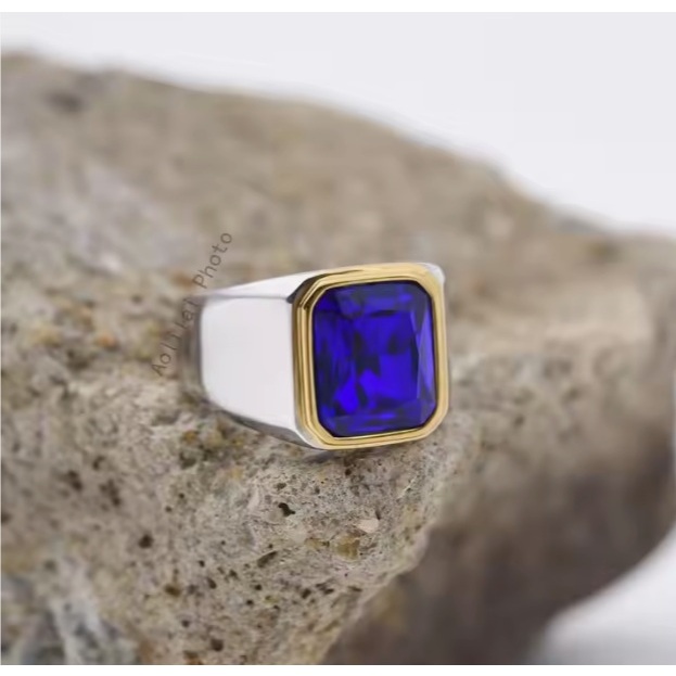 Cincin Pria Stainless Steel 316L List Gold  Kotak Biru Hitam Zircon
