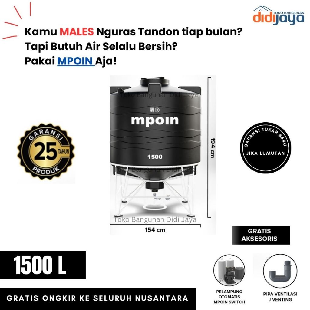 Toren Tandon Air MPOIN Drain 1500 Anti Bakteri | Tandon Air Anti Lumut | Garansi 25 Tahun