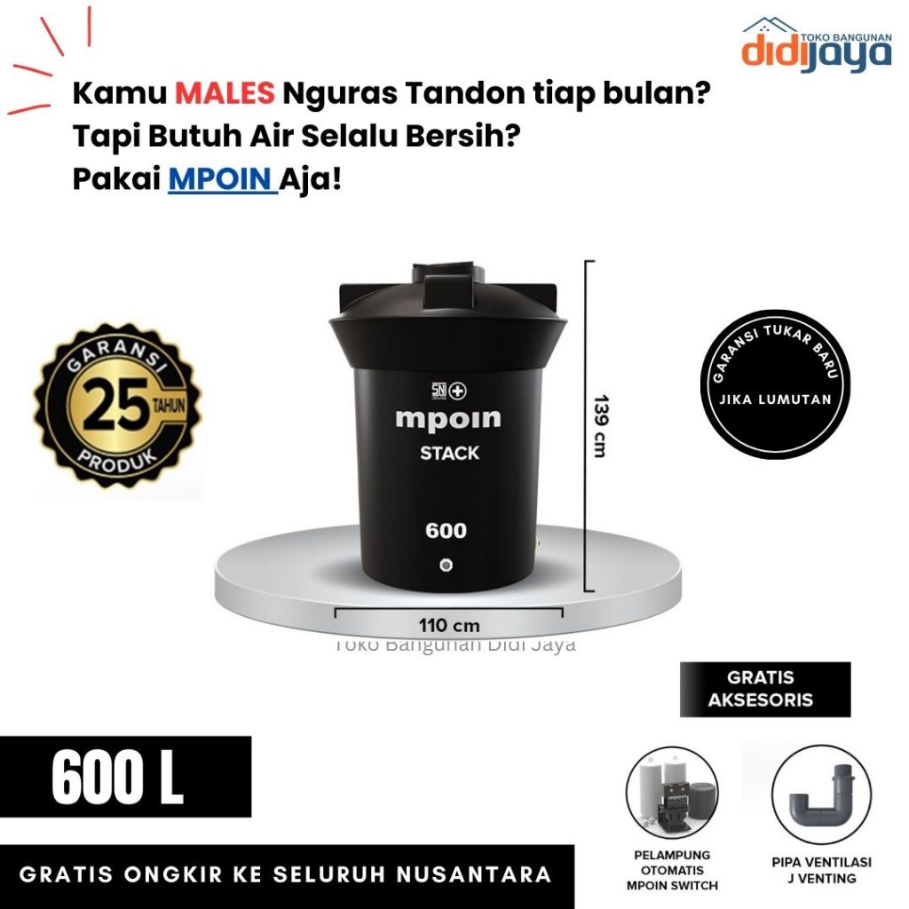 Toren Tandon Air MPOIN Stack 600 Anti Bakteri | Tandon Air Anti Lumut | Garansi 25 Tahun