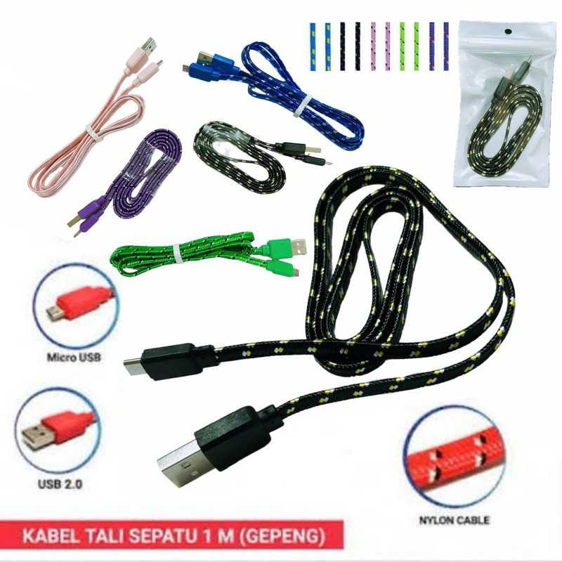 Kabel Data Micro 1M Model Tali Sepatu Cable Data Gepeng Tali Sepatu + Pack