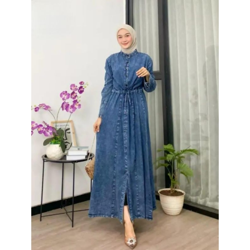 Allena Jeans Gamis Jeans Dress Light Snow Size M L XL XXL Pakaian Wanita Jeans Terbaru Gamis Mewah G