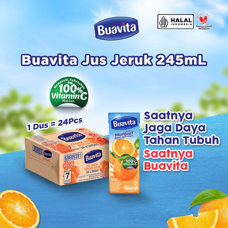 

Buavita Juice Jus Kemasan Rasa Buah Asli Jeruk 245ml x 24 Pieces (1 Carton)