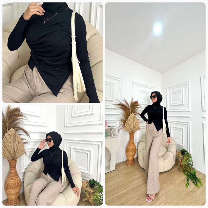 BEAU - ALMA TOP | Atasan Wanita Polos / Atasan Lengan Panjang Model Serut / Atasan Untuk Kerja