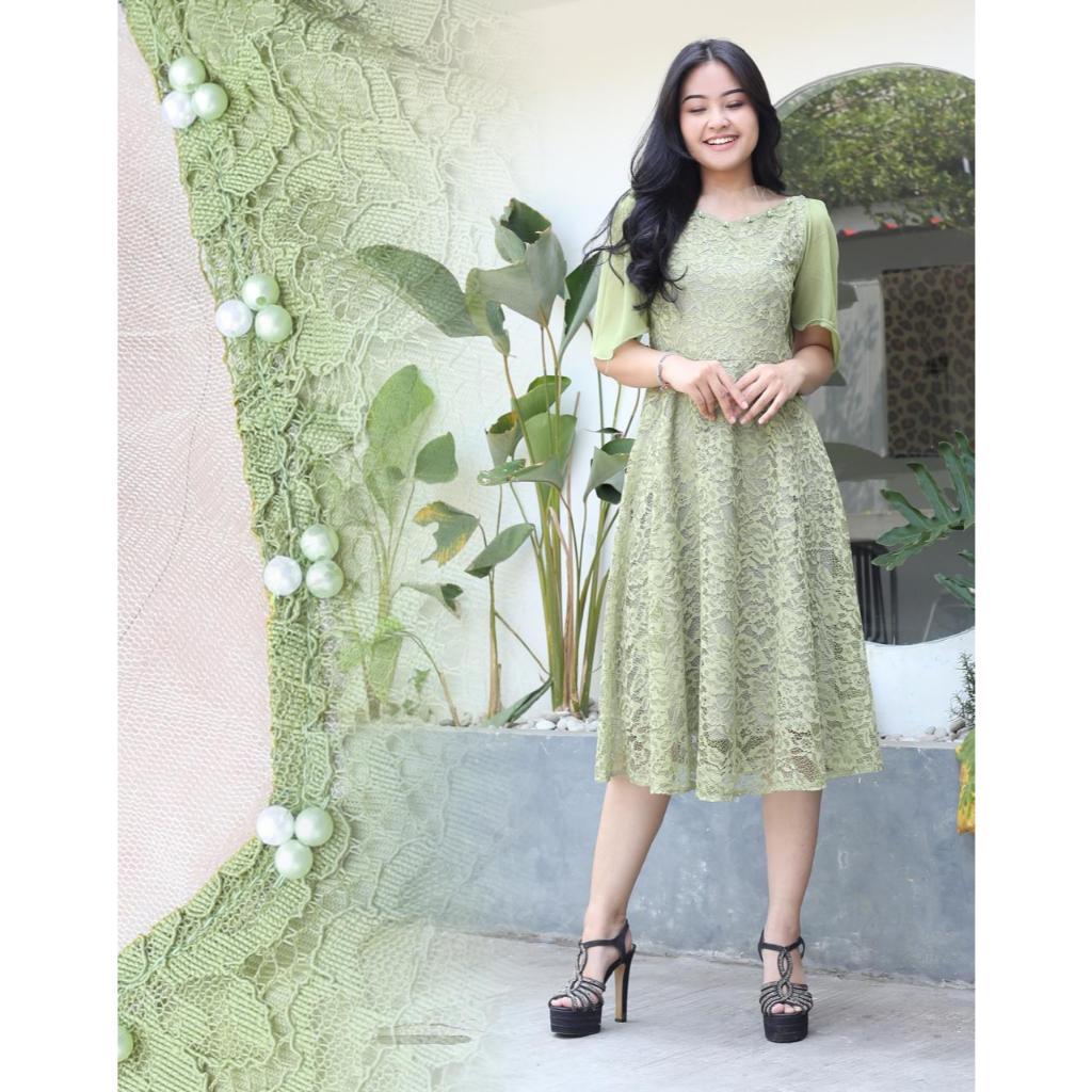 Dress Brokat Natal Wanita Remaja Warna Sage Gaun Wanita Pesta Natal