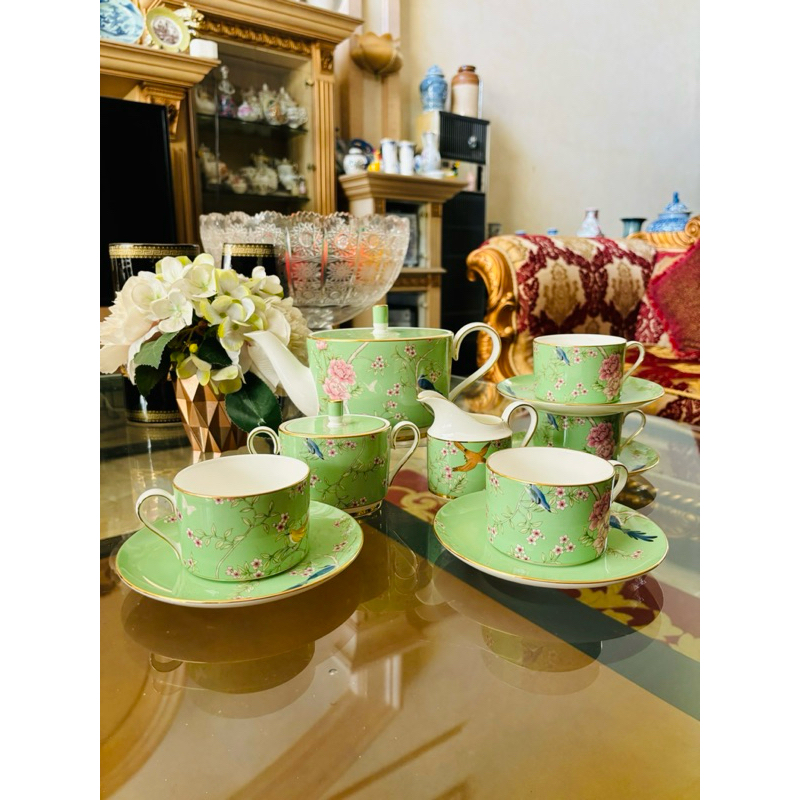 Tea Pot Creamer Sugar Tea Cup Saucer Narumi Queen Garden Green Mewah Cantik
