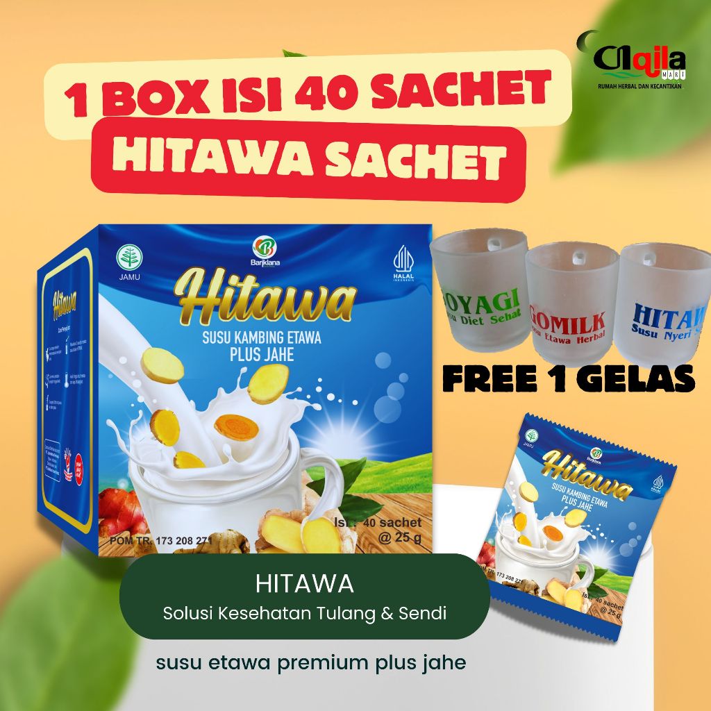 

HITAWA Sachet 1 Box isi 40 sachet Susu Etawa Jahe Baik untuk Nyeri Sendi Asam Urat Gratis 1 Gelas