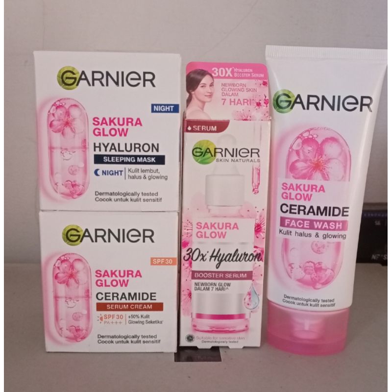 (Paket Lengkap) Garnier Sakura Glow Hyaluron 1 set - 4 Item (day+night+serum+f.wash)