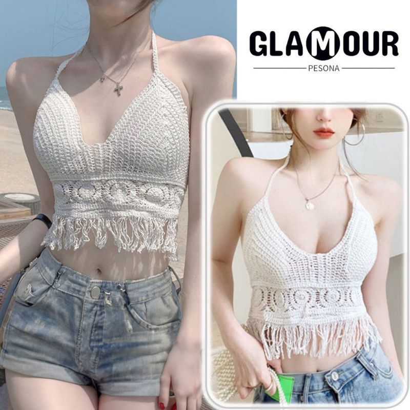 Rajut Tangtop Korean Summer Crochet Bralette Tank Top Rajut Wanita Halter Atasan Vest Rumbai Knit