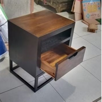 Meja Nakas Bedside Table Kombinasi Kayu Jati Besi Hollow