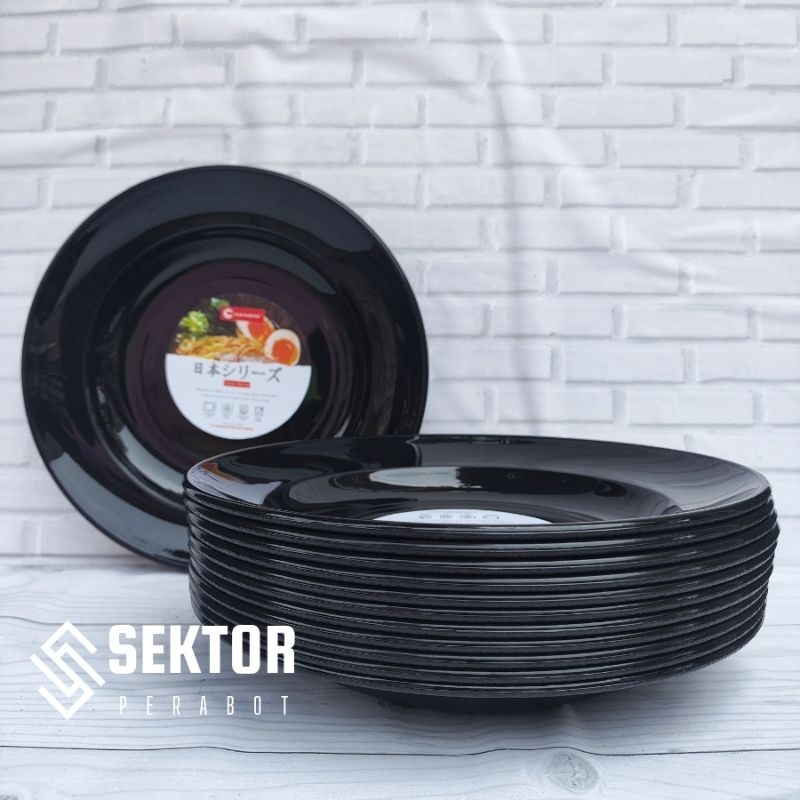 12 PCS/Satu Lusin Piring Ramen Hitam - Piring Japanes - Piring Hitam - Piring Plastik Lusinan Murah 