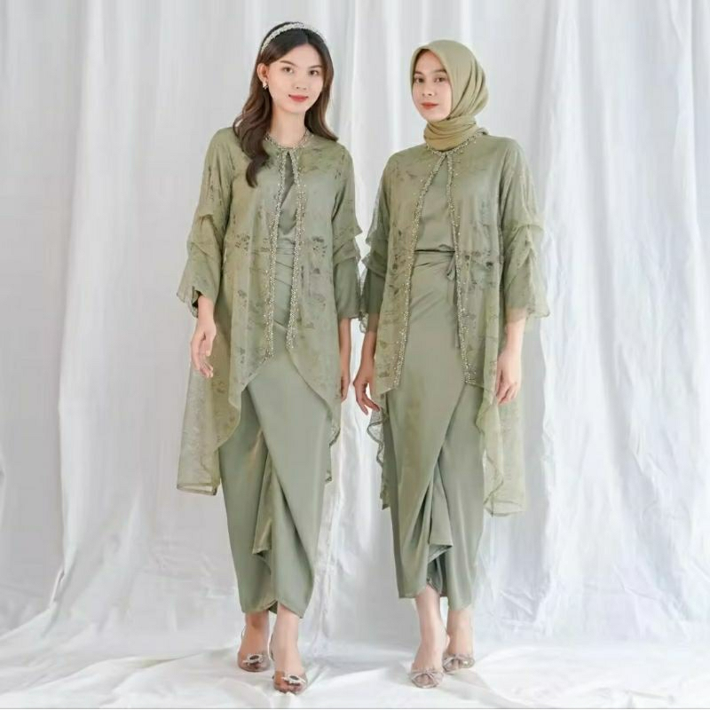 Nia Rompi Satu Set Inner Outer Queenbee Fashion Peony Collection Gamis Pesta Kondangan Bridesmaid Wi