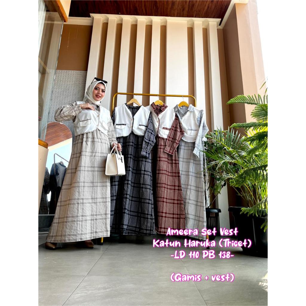 AMEERA SET VEST DAN GAMIS  WANITA BAHAN KATUN HARUKA/GAMIS KOTAK KOTAK SET VEST  DAN DRESS TERBARU