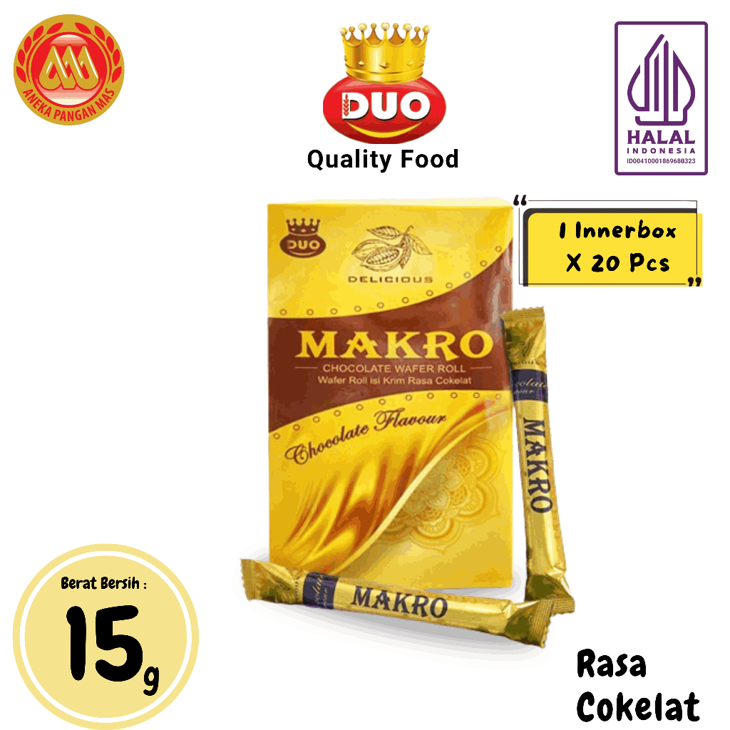 

DUO Makro Wafer Roll Cokelat (1 Innerbox X 20 Pcs x 15gr) Snack Cemilan Anak Murah