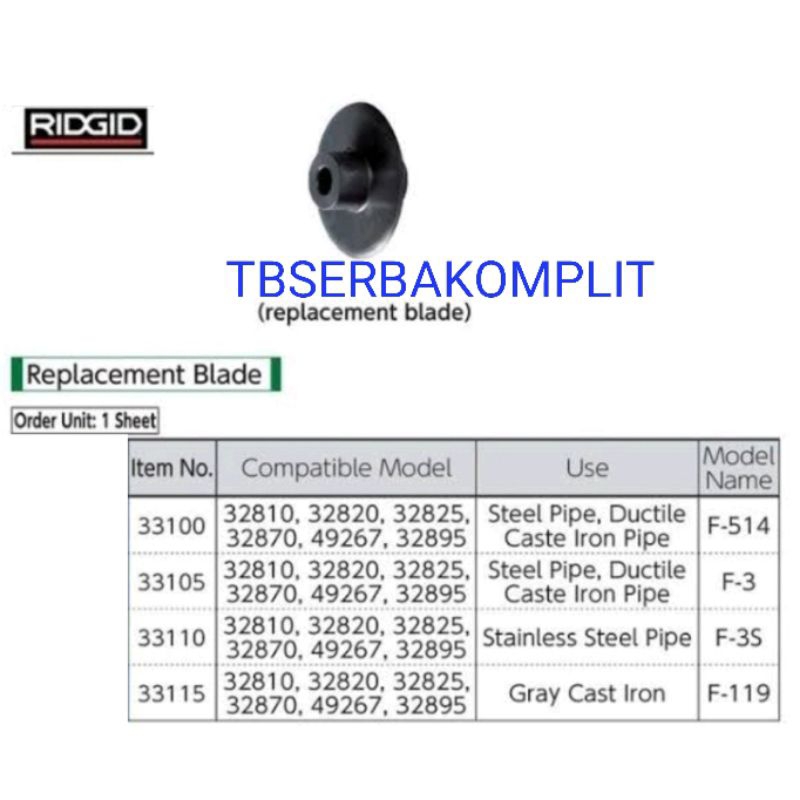 Ridgid Wheel Cutter 33100 F514 F-514 For Steel Pipe Pipa Besi / 33105 F3 F-3 For Cast Ductile Iron /