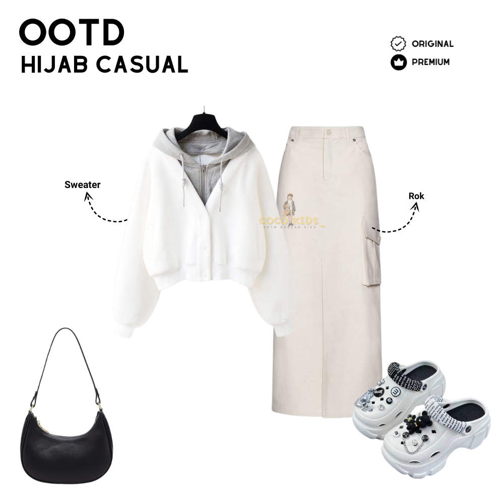 Coco Kids_ Oneset Wanita Korean Style Croptop Hoodie + Rok Cargo Kekinian Terbaru Ootd Hijab