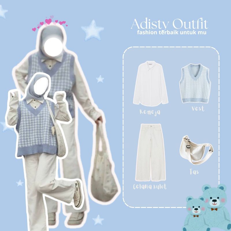 one set outfit korea/ korean style/ outfit ulzzang/ (set 34 vest soft blue)