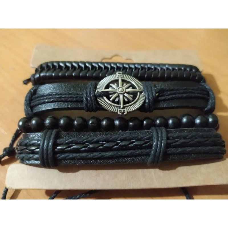 Gelang Kulit Lilit Hitam Isi 4 Motif Kompas / Gelang Tangan Kompas Cowok Retro / Laki Laki Gaul Kere