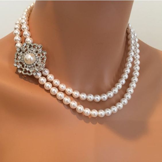 Pearl Wedding Necklace with brooch and Earrings in Swarovski Pearls rhinestone 2 double strands//RPY