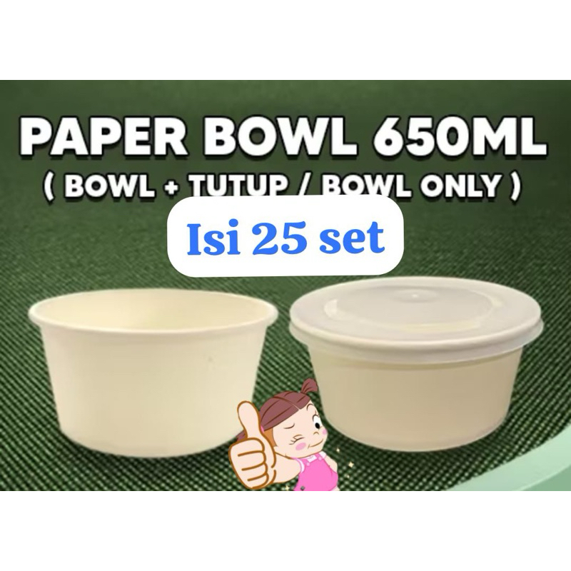 harga utk isi 25 set  mangkok +tutup Paper Bowl Tebal 650ml Mangkuk Tahan Panas Microwave Mangkok Ke