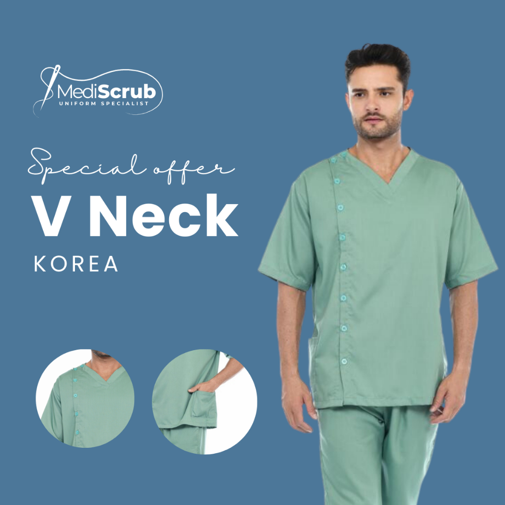Baju Jaga OK UGD Dokter Perawat Model V Neck Korea Pria Lengan Pendek - Mediscrub