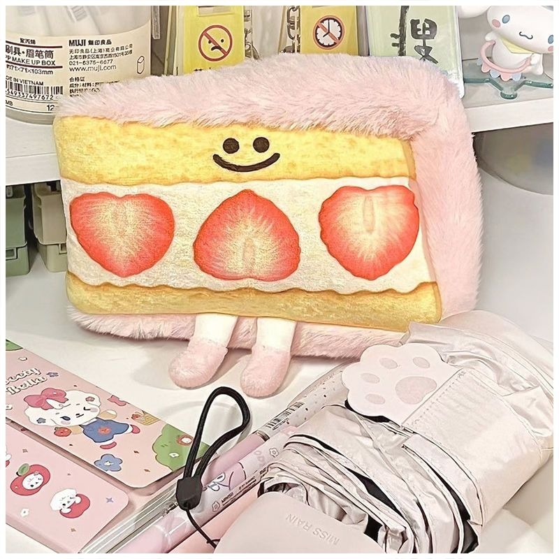 

Cartoon strawberry sandwich plush winter pencil case cute and funny stationery storage bag student best friend winter gift