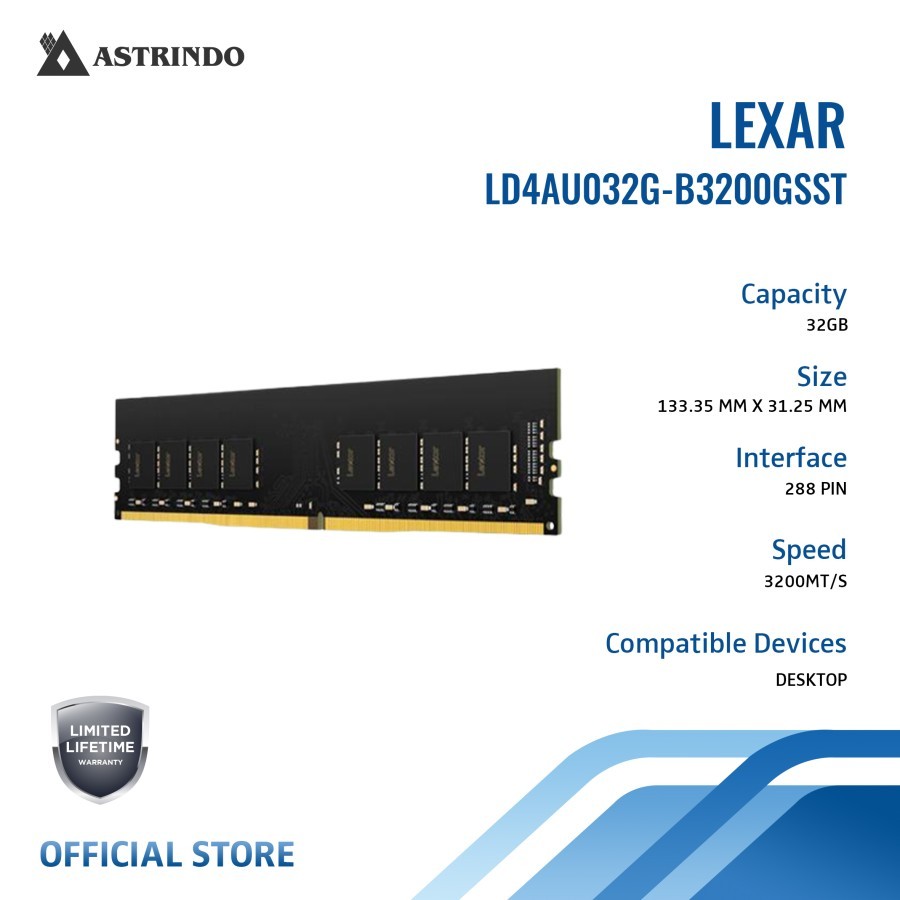 Lexar Memory RAM 32GB DDR4 3200Mhz UDIMM for Desktop