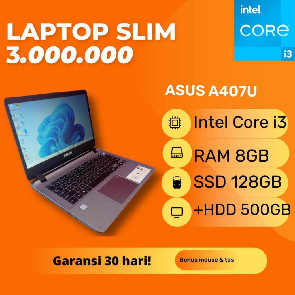 Laptop ASUS A407U Intel Core i3 Gen 7 RAM 8GB SSD 128GB Windows 11 Second Bekas