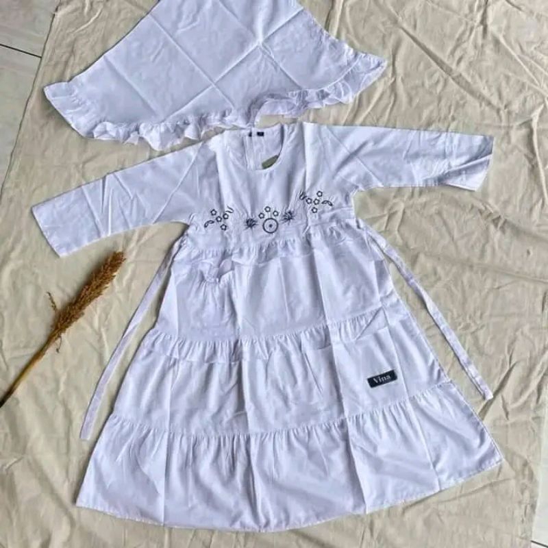 Baju gamis anak perempuan setelan putih manasik haji PAUD/TK/MD/SD