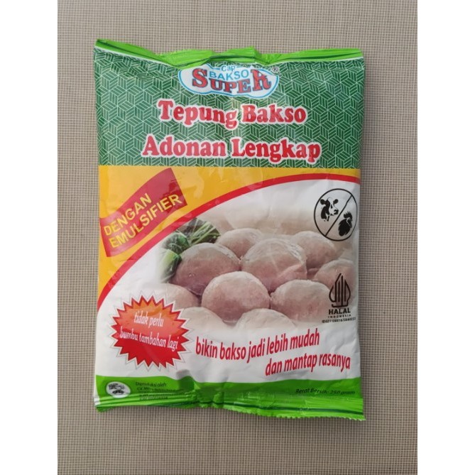 

Tepung Bakso lengkap tinggal pakai dari cap bakso super membuat bakso enak dalam Waktu cepat berat 250 gr