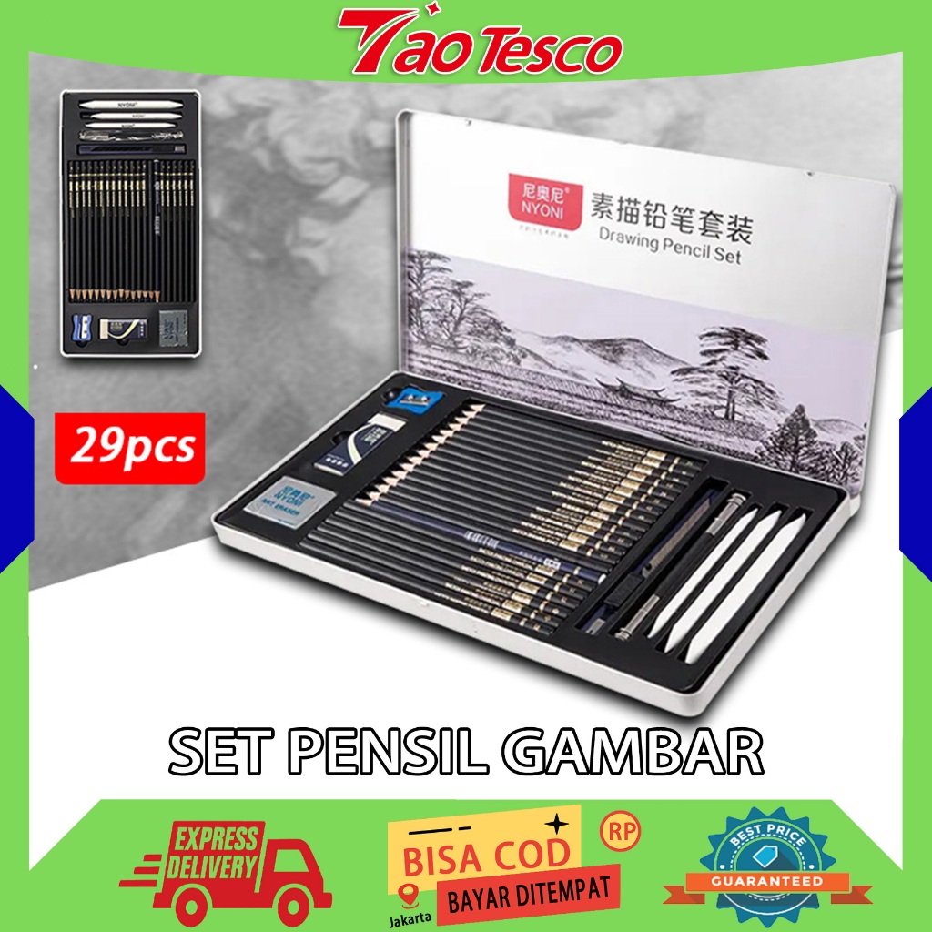 

(ORI,COD)Drawing Pencil Gambar Set 29pcs Metal Tin Box Pensil Gambar Lukis Sketsa Lengkap Paket