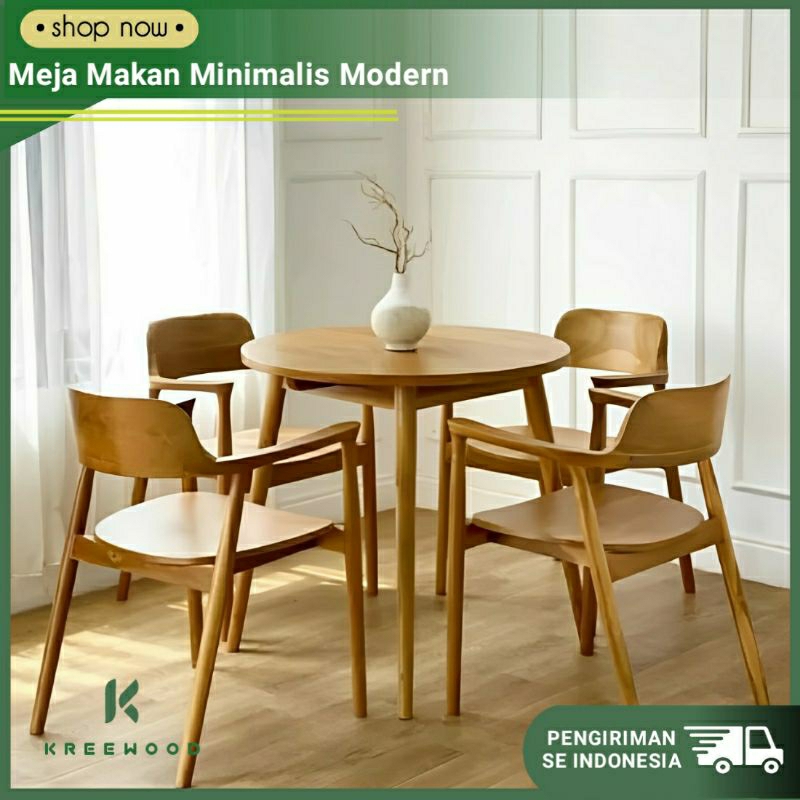 MEJA MAKAN BUNDAR KAYU JATI 4 KURSI DIAMETER 80x80 / SET KURSI MAKAN JATI 4 KURSI MEJA BUNDAR