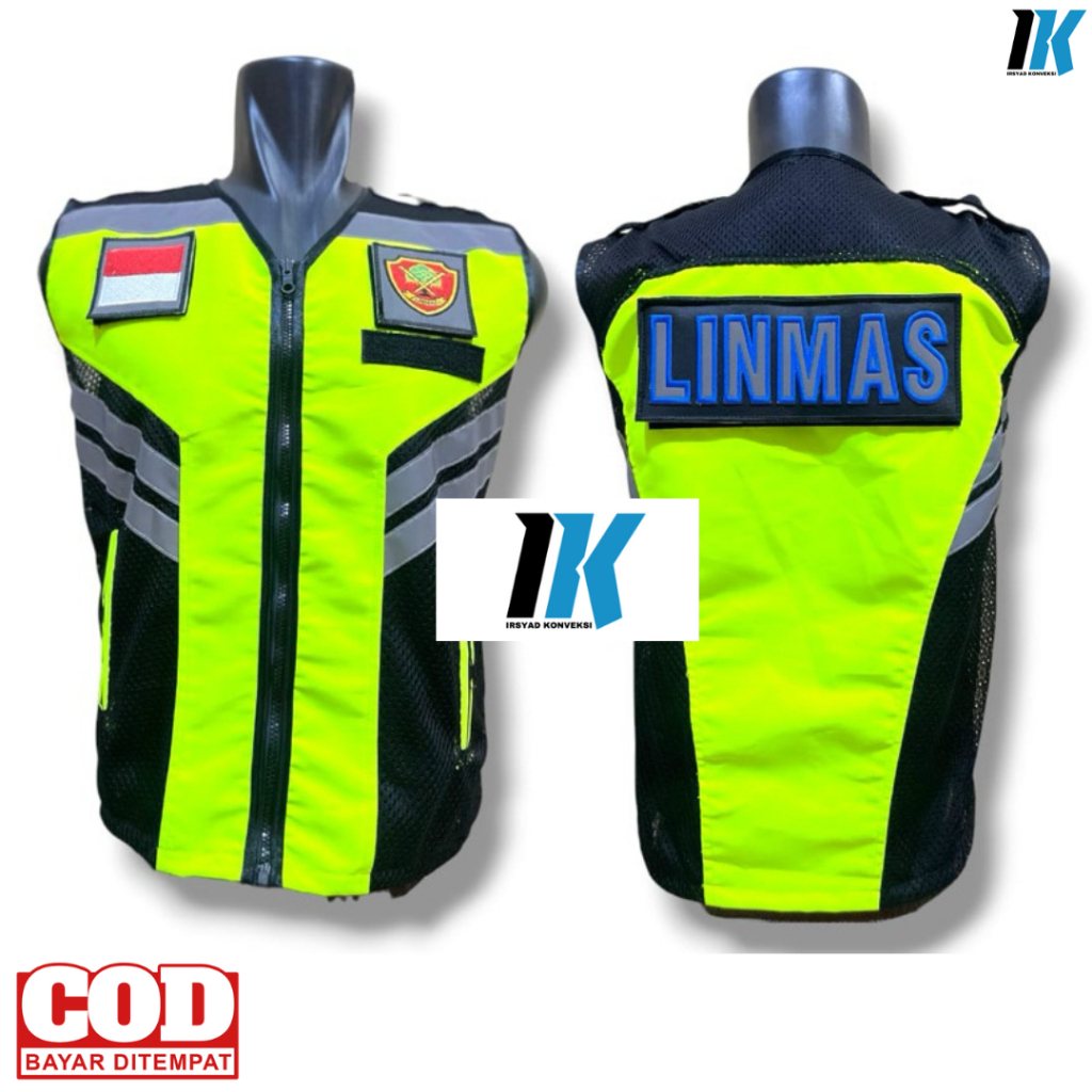 Rompi LINMAS taslan jaring/rompi hijau hitam logo LINMAS/SECURITY/SATPAM/POLISI DLL BISA COD
