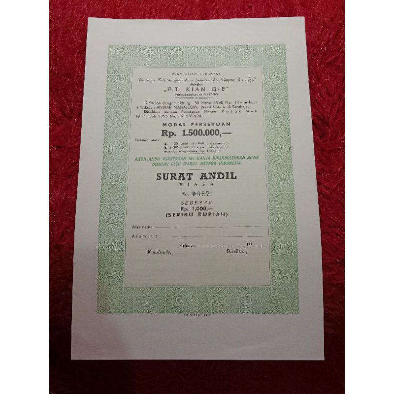 

Surat Andil Biasa Jadul Tahun 1955