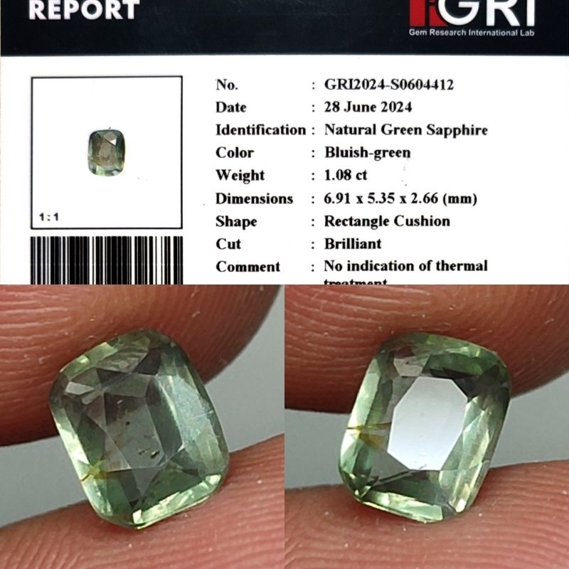 Natural Green Sapphire No Heated Bluish Green 1ct Memo GRI Material Crystall Good Luster Gemericik