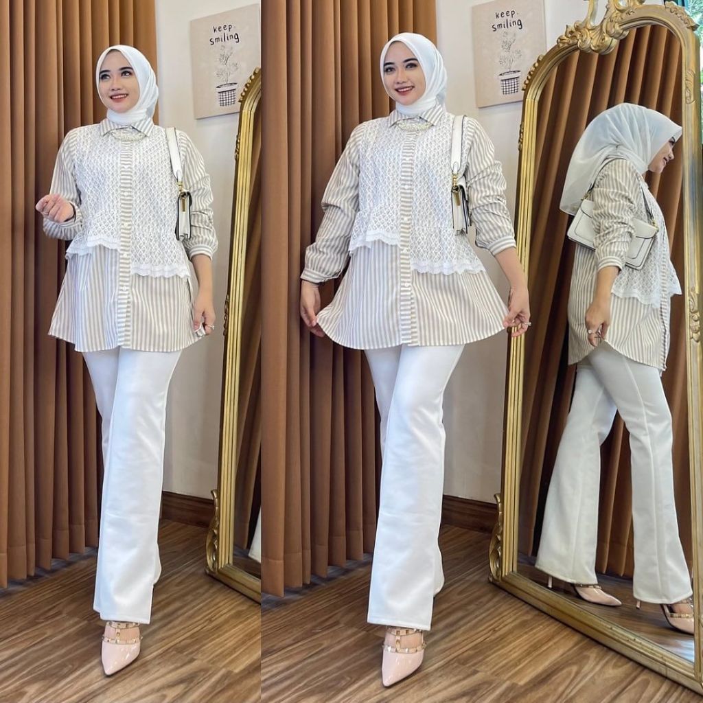 Atasan Wanita Remaja Kekinian Arima Blouse Atasan Salur Mix Brukat Import  Blouse Jumbo M L XL XXL