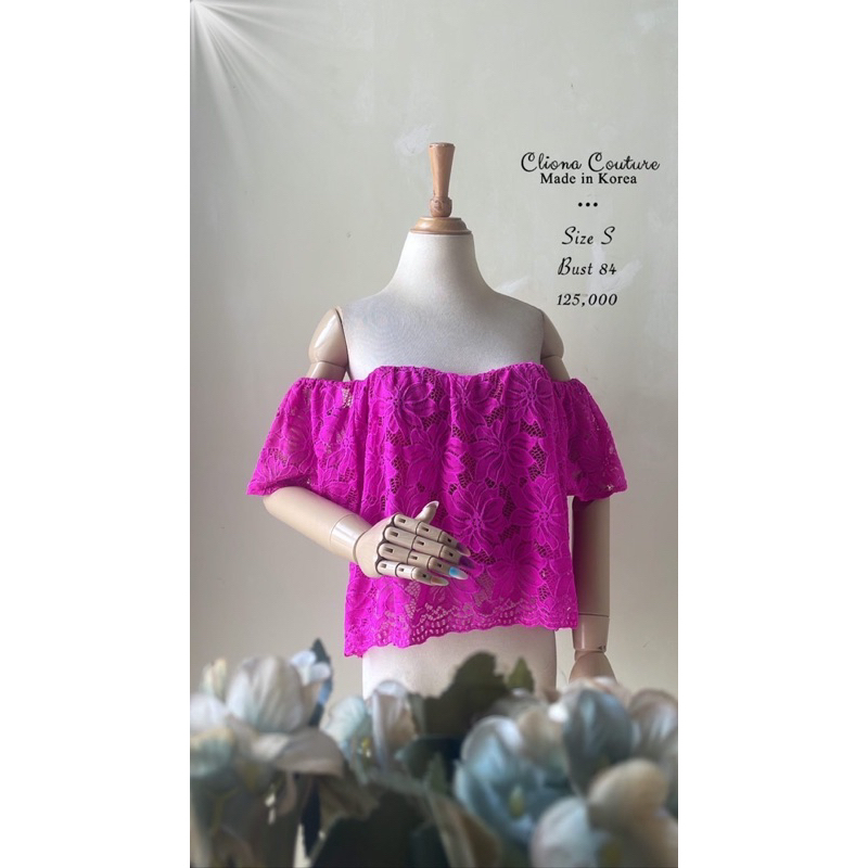 Sabrina offshoulder top blouse atasan brukat brokat pink fushia stabilo jingga cliona couture origin