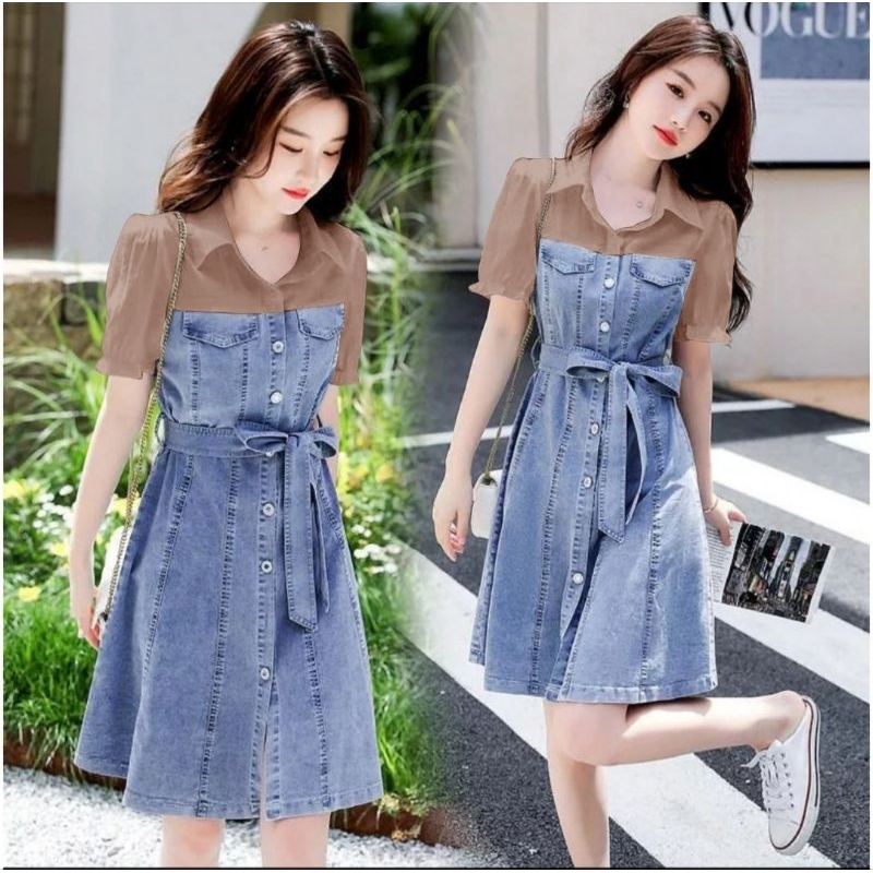 Dress Model Korea/hijab muslim Setelan Denim Setelan Kekinian Fashion Wanita Hits