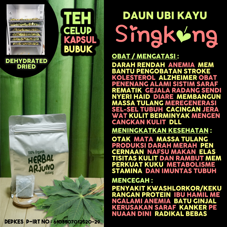 

Dehydrated Dried Teh Celup Kapsul Bubuk Daun Singkong Ubi Kayu Obat Darah Rendah Anemia Rematik Alzheimer Stroke Kolesterol Massa Tulang Mengencangkan Kulit Berminyak Jerawat Penambah Darah Ibu Hamil Diare Cacingan Nyeri Haid DLL Herbal Alami