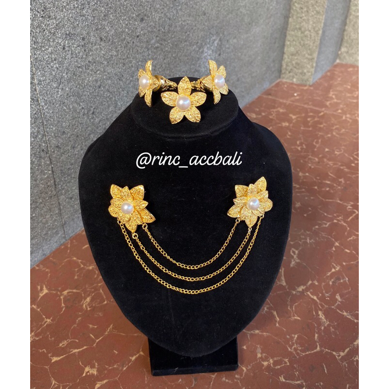 Set Bros Kancing Alpaka Bunga Jepun Kamboja Mutiara peniti lapis emas 24karat / alpaka perak Bali / 