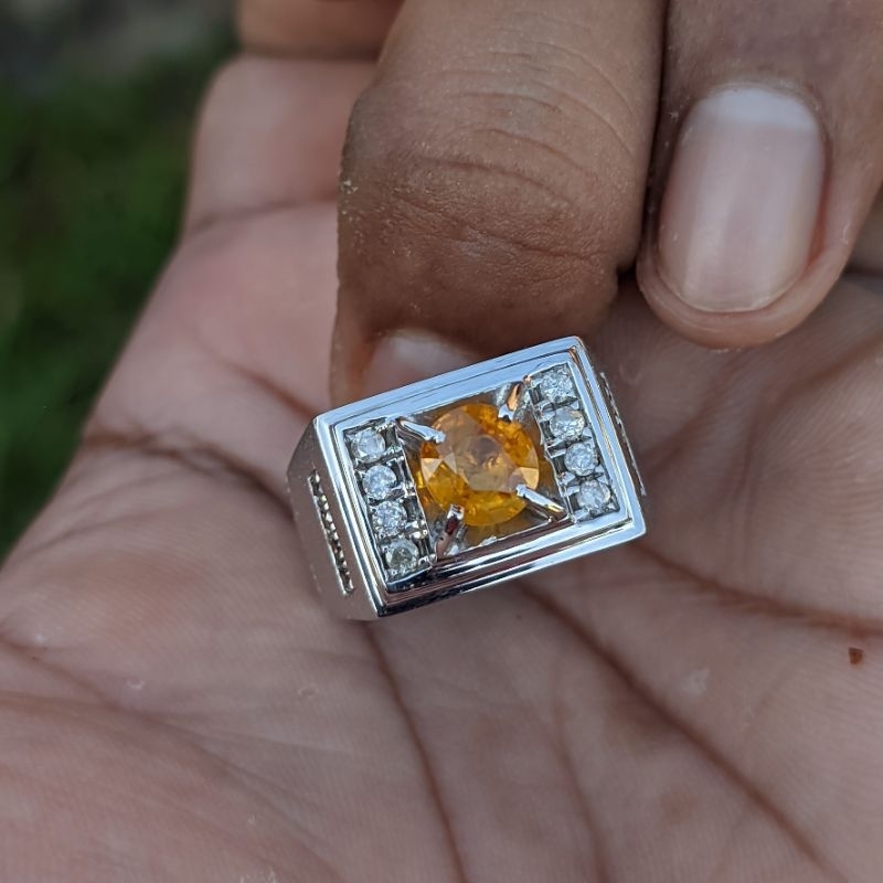 cincin perak yellow sapphire samping berlian