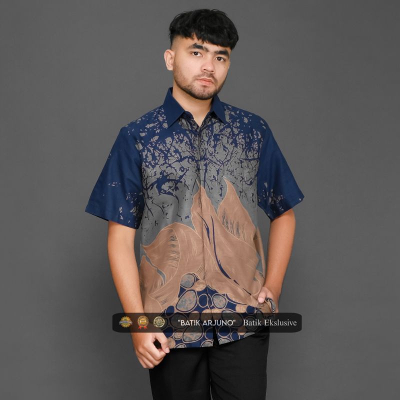 kemeja batik pria lapis furing lengan pendek batik pria ekslusive daun navy nude