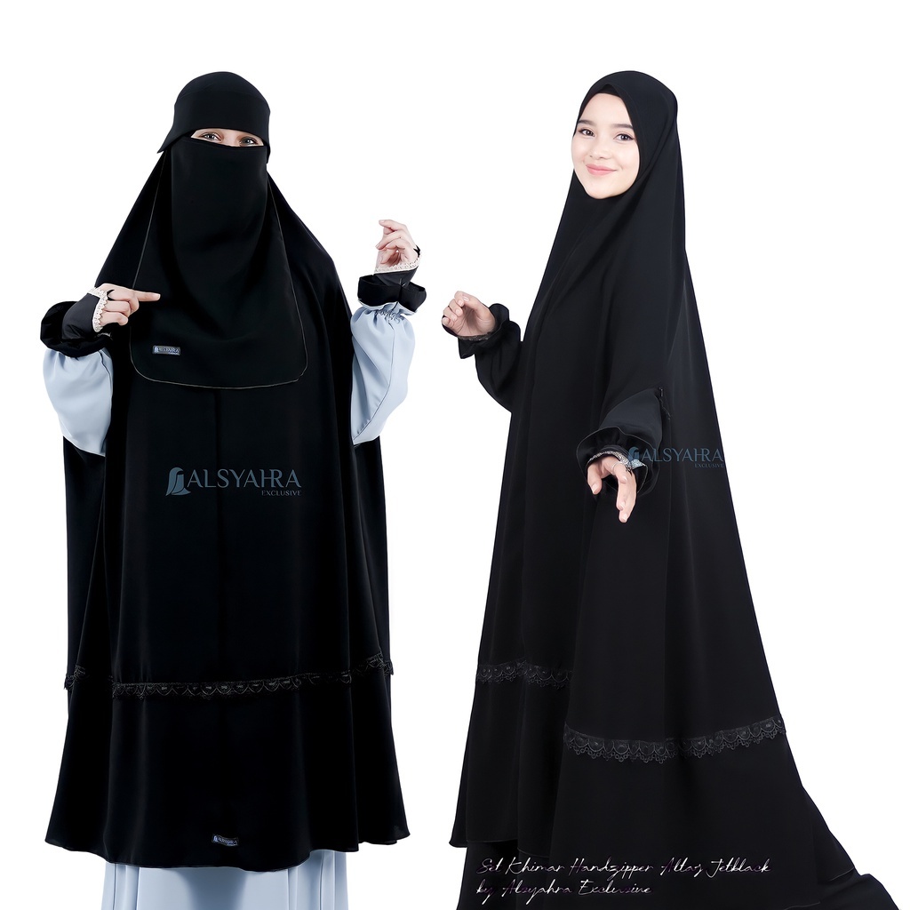 Alsyahra Exclusive Set Khimar Syari Handzipper Altaj Haramain Niqab Poni Jetblack Jumbo Panjang