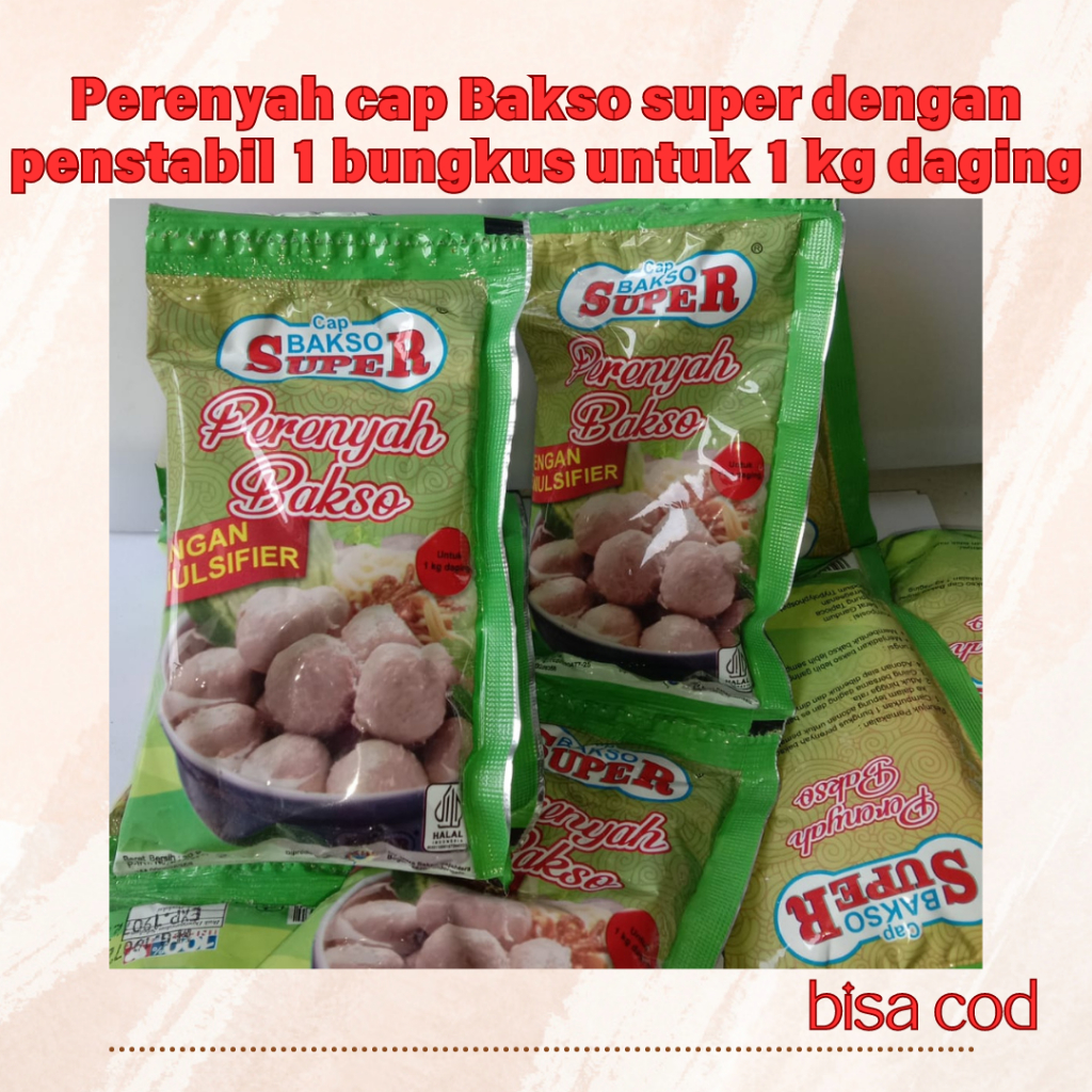 

Perenyah bakso cap bakso super 20gr 1 bungkus untuk 1 kg daging