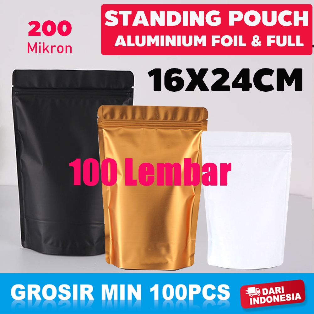 16x24cm STANDING POUCH FULL Aluminium Foil isi 100PCS Plastik Klip Makanan Ziplock Kemasan Zipper Ba