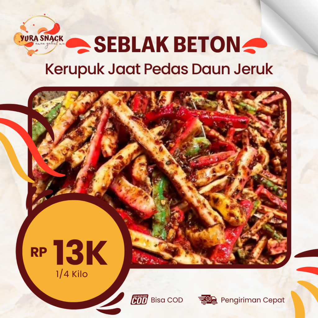 

Kerupuk Seblak Beton / Kerupuk Jaat Pedas Daun Jeruk Kemasan 250grm, 500grm, 1000grm
