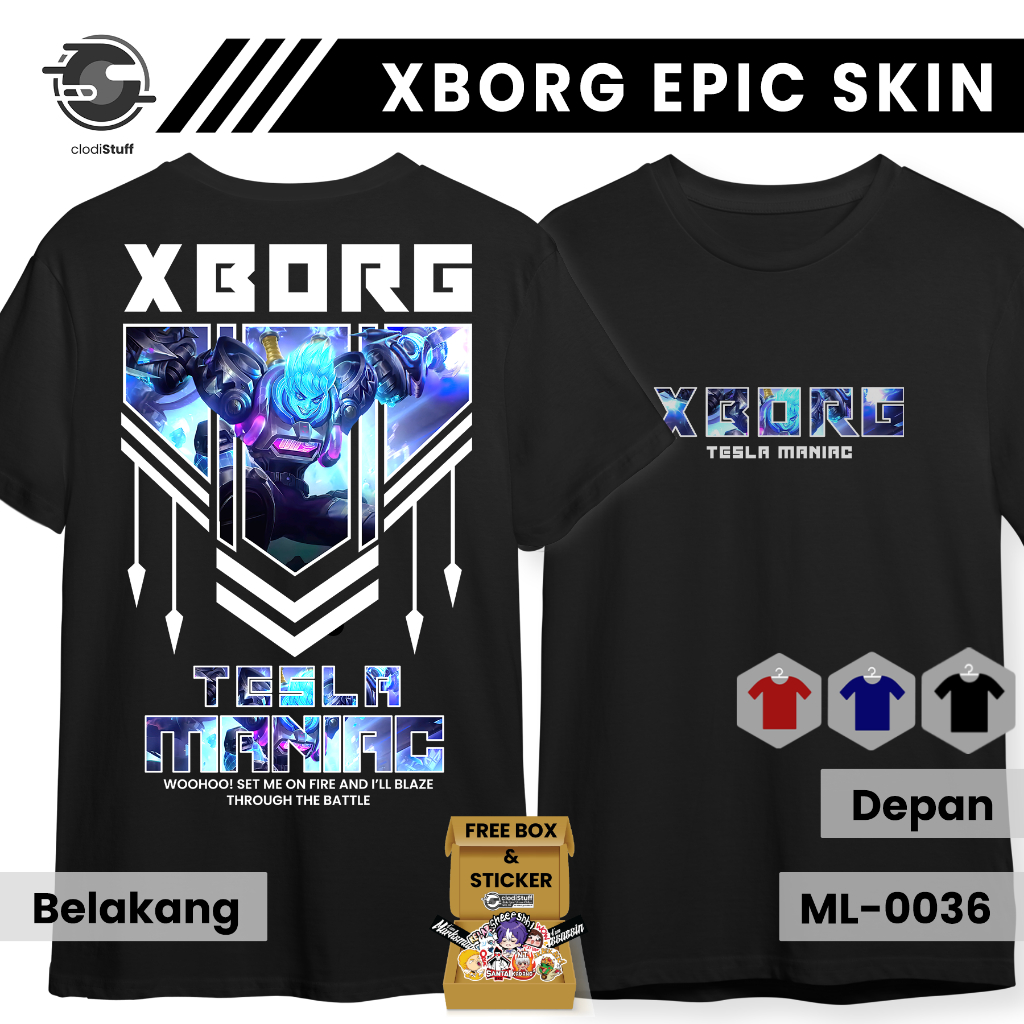 Kaos MLBB XBORG SKIN EPIC TESLA MANIAC Mobile Legends ML Lengan Pendek Hitam Combed 24s Pria Wanita
